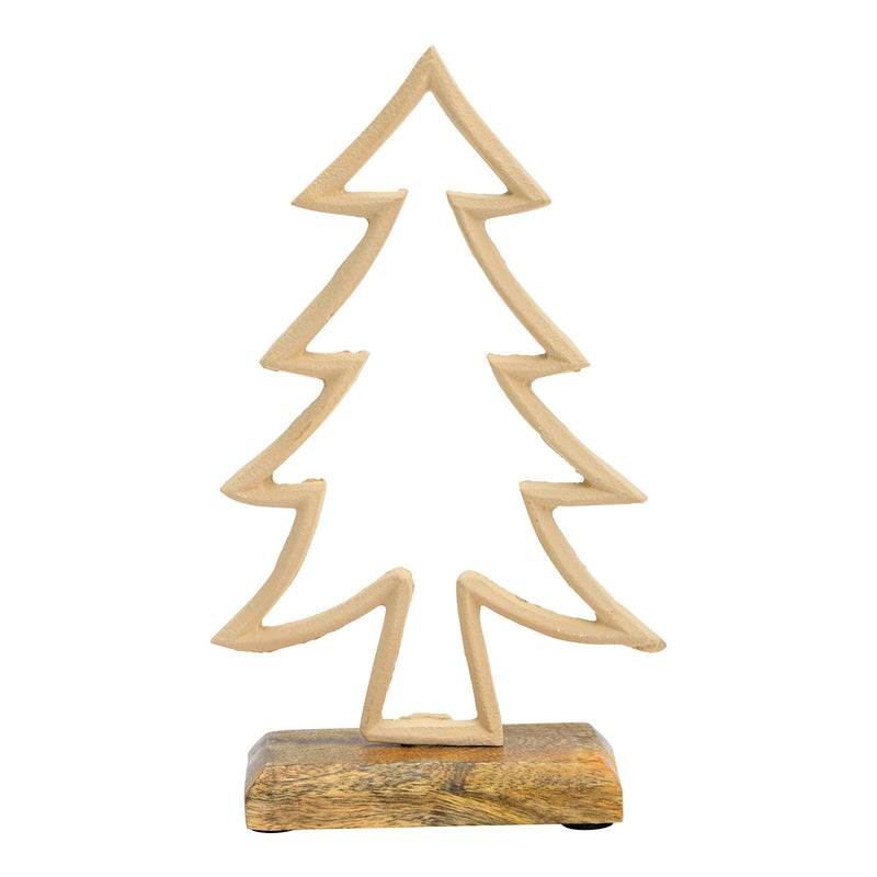 Aufsteller Tannenbaum auf Mangoholzsockel aus Metall beige (B/H/T) 12x21x5cm