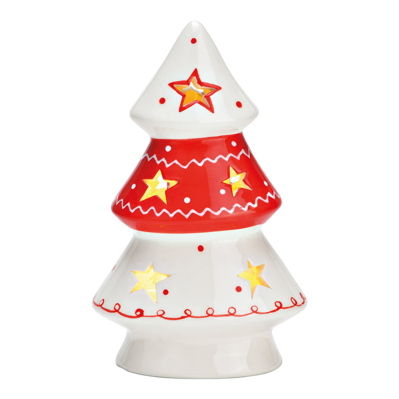 Tannenbaum mit LED, exklusive 2xLR44 aus Keramik rot (B/H/T) 10x16x6cm