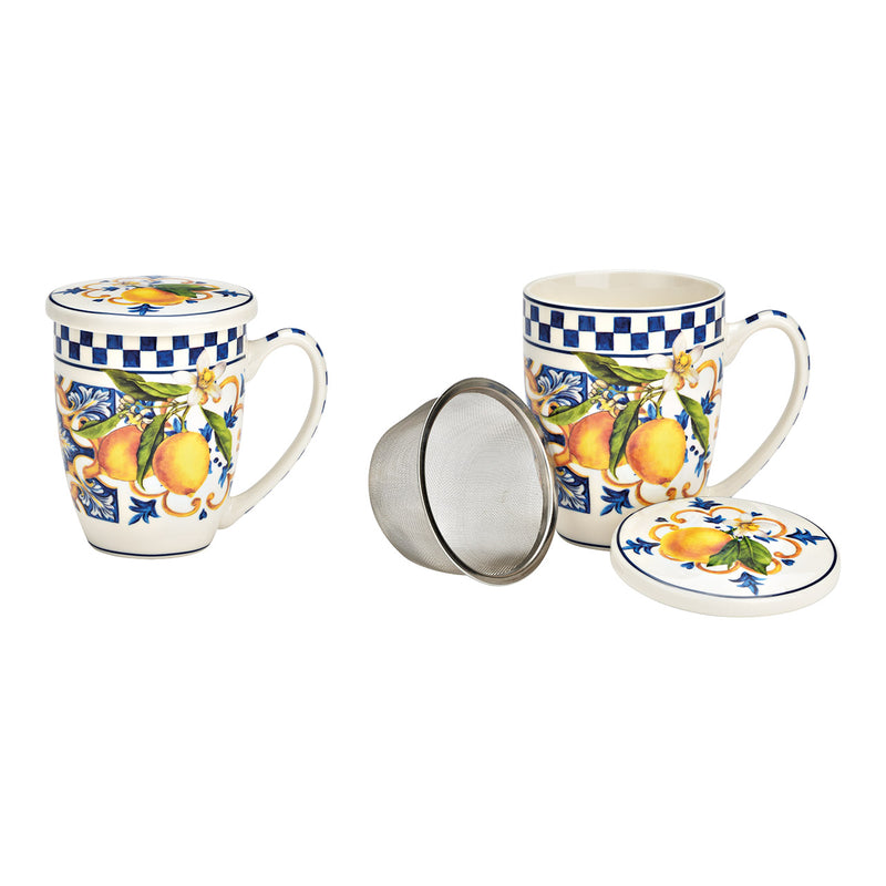 Becher mit Deckel und Sieb mit Blumen Dekor 3-er Set, aus Porzellan bunt (B/H/T) 12x12x9cm