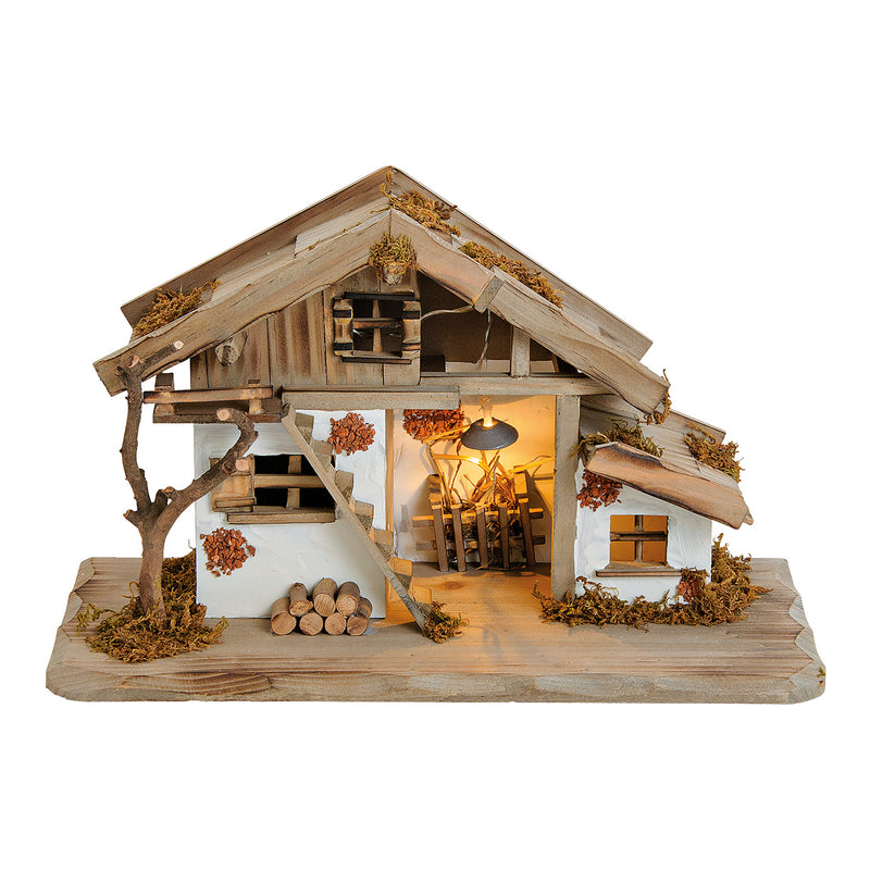 Krippenhaus mit LED Beleuchtung aus Kiefernholz, MDF Natur (B/H/T) 39x23x19cm