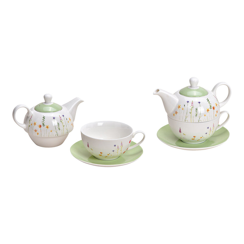 Teekannen Set Blumendekor aus Porzellan Weiß 3er Set, (B/H/T) 16x15x15cm 450ml, Tasse, 200ml