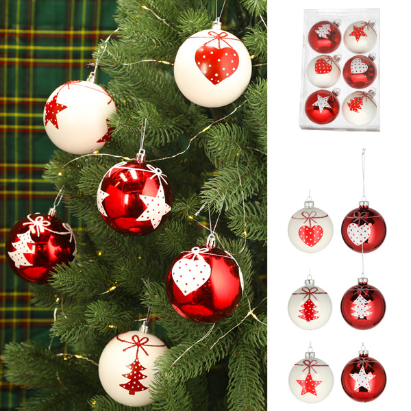 Christbaumkugel, Glas,  6cm, rot/weiß, 6er Set