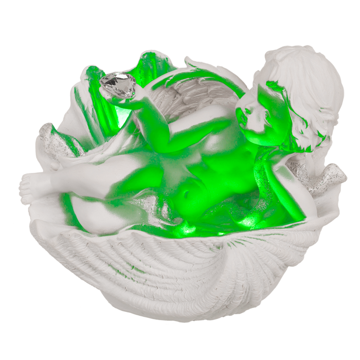 Liegender Engel mit Kristallherz in Muschel & LED