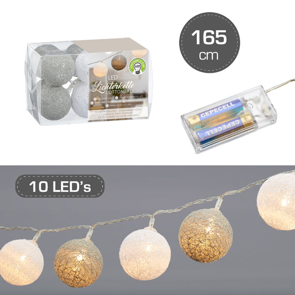 LED Lichterk. Cottonball, weiß/grau, 10LED, ca. 300cmL, 4cmD