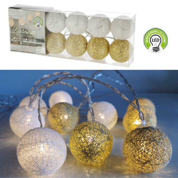 LED Lichterk. Cottonball, weiß/gold, 10LED, ca. 300cmL, 4cmD