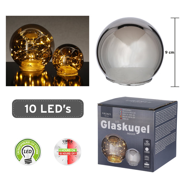 LED Glaskugel, anthrazit, 10LEDs, kl, ca.10cmD