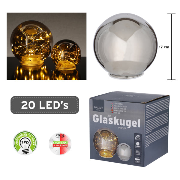 LED Glaskugel, anthrazit, 20LEDs, gr, ca. 15cmD