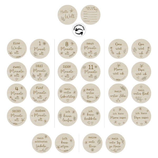 Holz Meilensteinkarten Baby, rund, 10cmD, 15tlg.