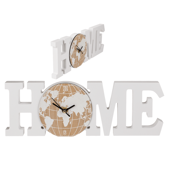 Weiße Holz-Uhr, Home, mit Weltkartenmotiv,