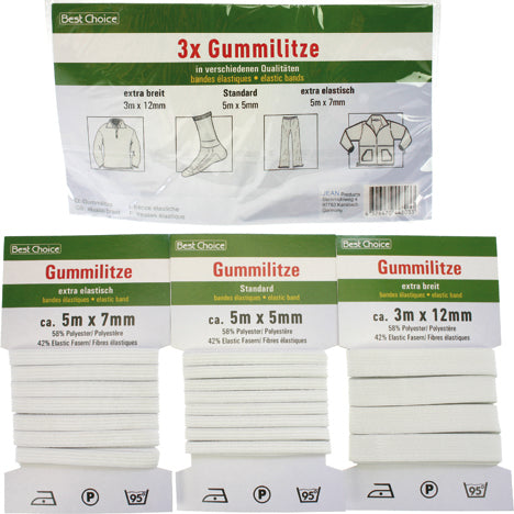 Gummilitze 3er Set 5mmx5m, 7mmx5m, 12mmx3m