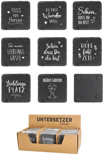 Untersetzer Schiefer mit Spruch 8/s 8 Designs 48 Stück im